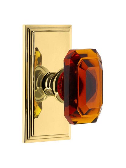 Grandeur Carre Rosette Door Set with Amber Crystal-Glass Baguette Knobs in Polished Brass.